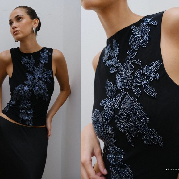 MESHKI Beaded Flower Mesh Top - Picture 1 of 2